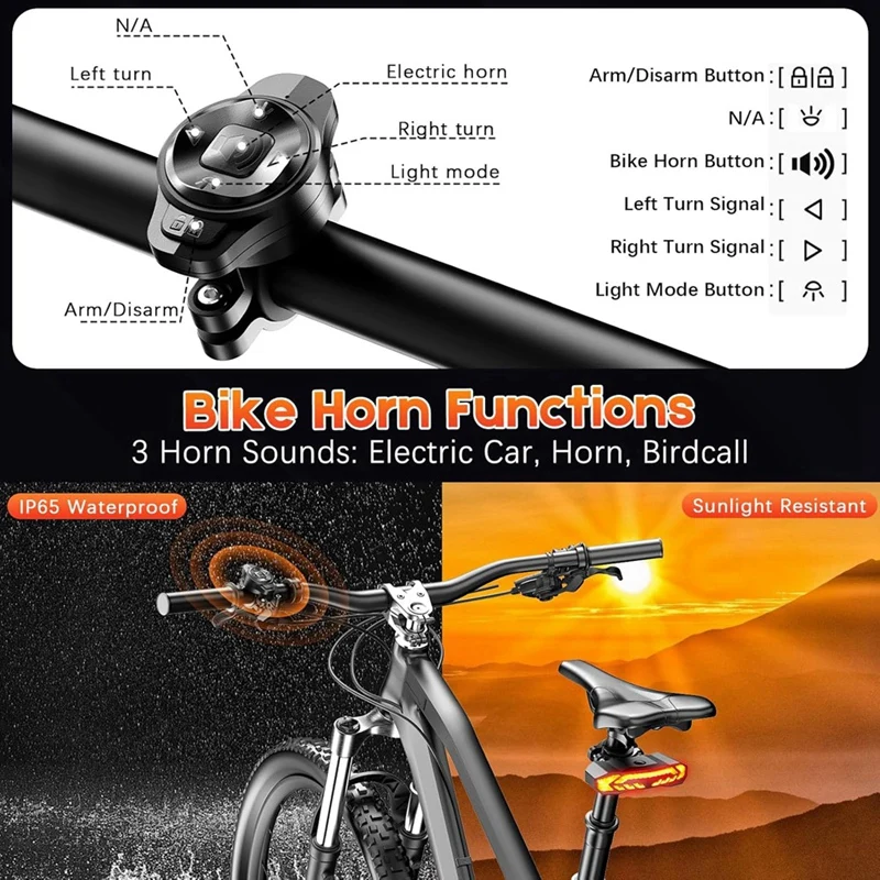 Smart Bike Tail Light With Turn Signal And Brake Light Anti Theft Bike Alarm With Remote,IP65 Waterproof Bike Rear Light