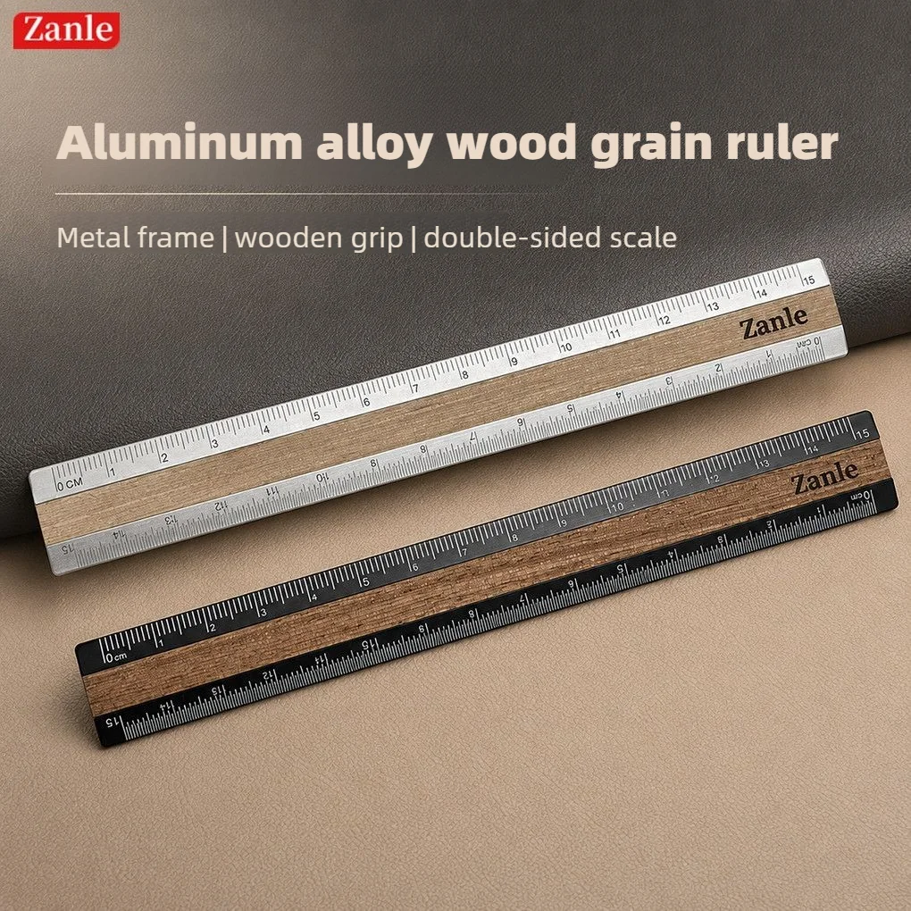 Zanle 16CM Aluminum Alloy Wood Grain Ruler Metal Frame Wooden Double-sided Scale Measuring Tool Student Measure Straight Ruler