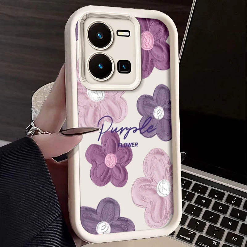 Fashion Phone Case For Vivo Y35 Flower Pattern Woman Full Coverage Protection Design Shockproof Casual Cellphone Cover Cases