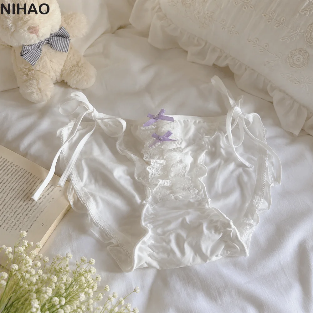 Cute Design Low Waist Lace Underwear Lace Up Lingerie Ice Silk Panties Bowknot Women’s Lolita Panties Women