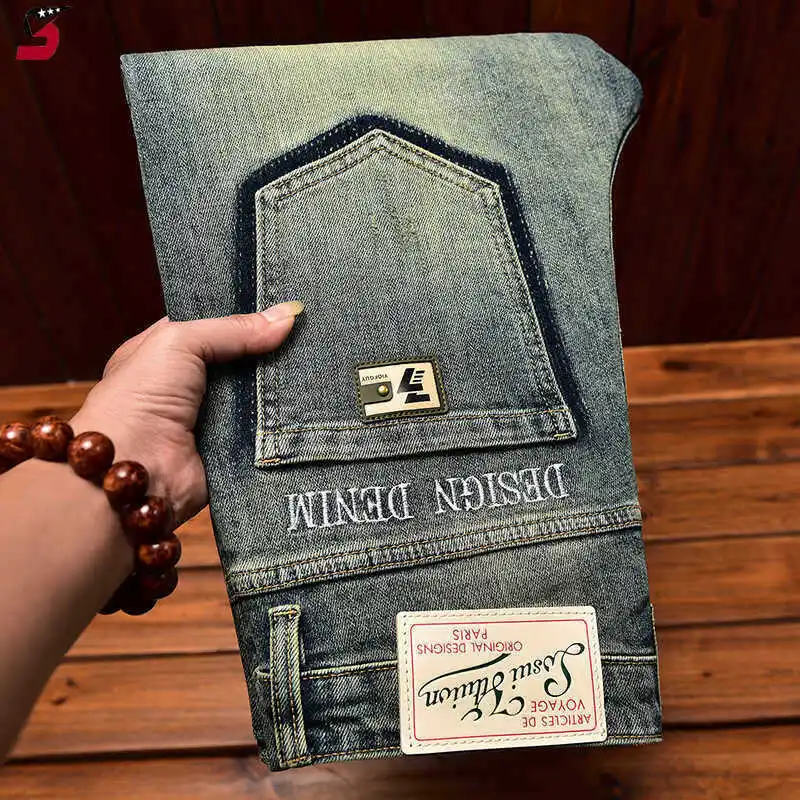2026 Retro Nostalgic Jeans Men's Embroidered Print Spring and Autumn Men's Clothing Elastic Slimming Small Foot Trendy Pants