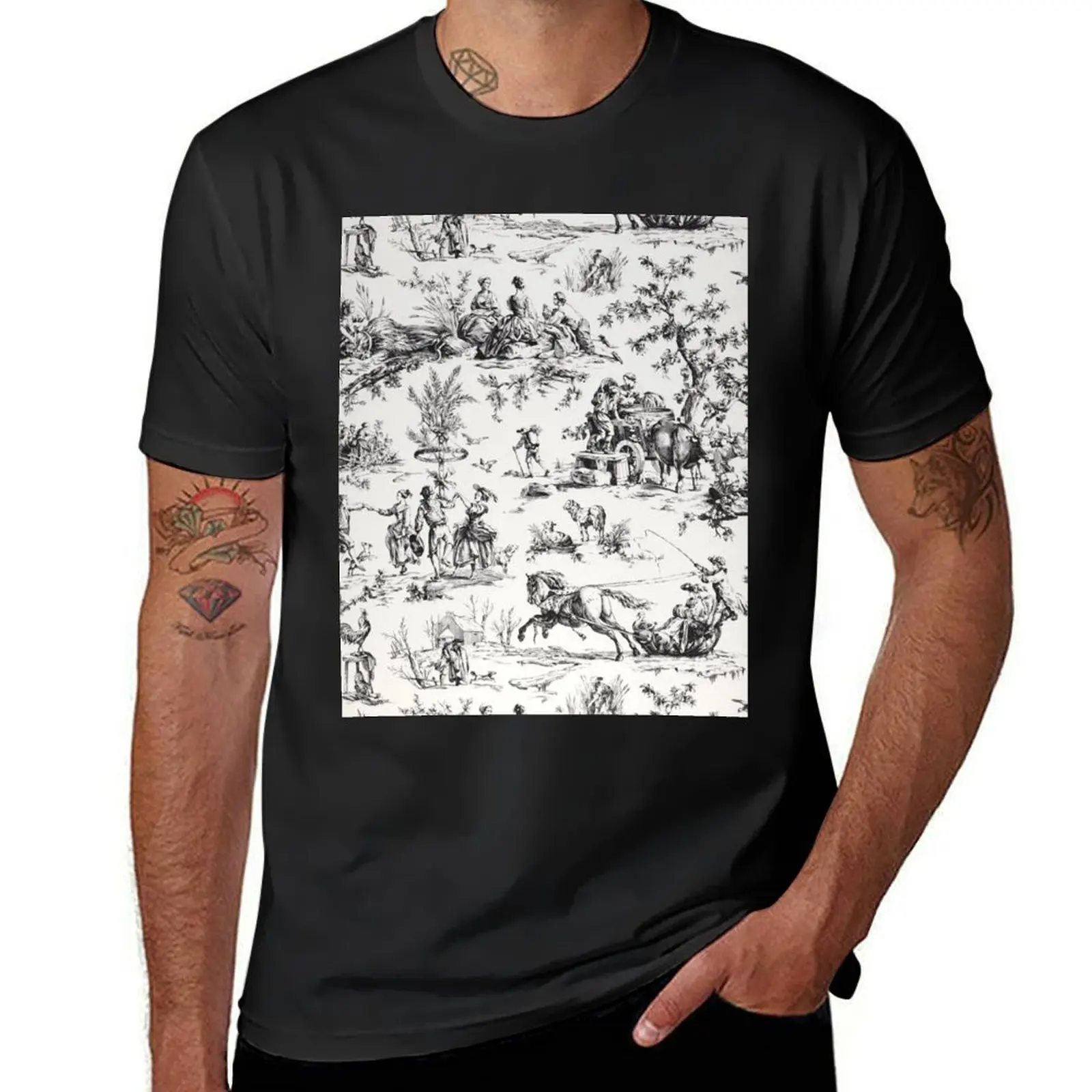 Camiseta de Toile de Jouy para hombre, blusa personalizada, color negro