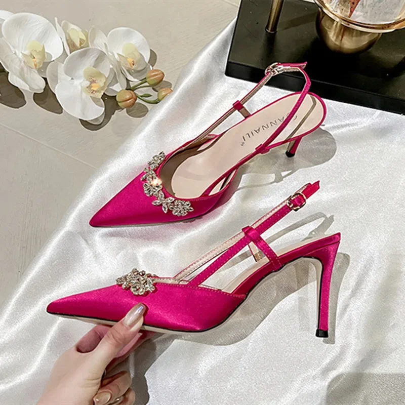 

Luxury Satin Rhinestone Flower Design High Heels Women Sexy Pointed Toe Heeled Sandals Back Strap Blue Pumps Party Wedding Shoes
