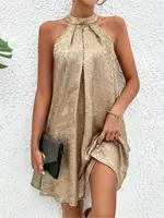 Robe d'été sans manches pour femme, couleur champagne, col halter, épaules dénudées, dos à nouer, bretelles spaghetti, tendance 1