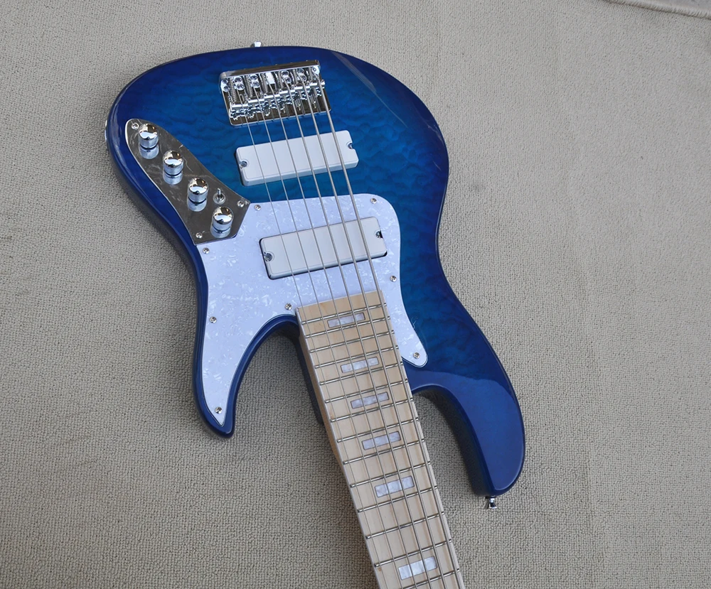 6 Strings Blue Ash Electric Bass Guitar with Maple Fretboard,Flame Maple Veneer,Customized Logo/Color Available