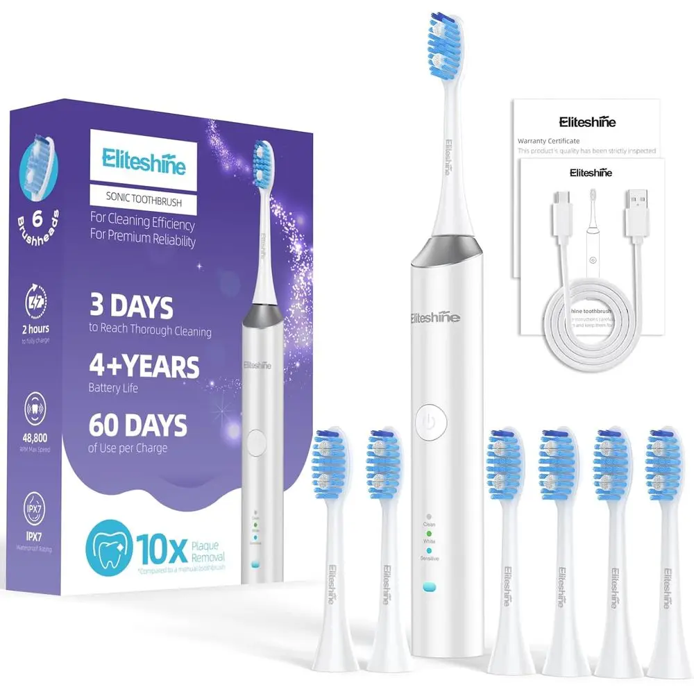 

Rechargeable Quiet Adult & Teen Electric Toothbrush, Waterproof, 48,800mAh Battery, Solves Tooth Issues