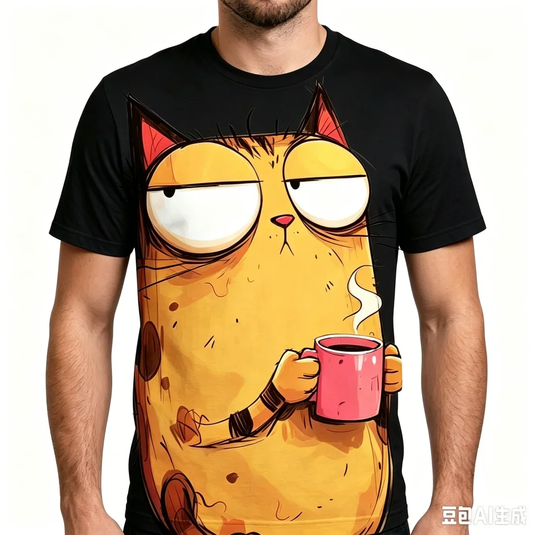 Neues Lustiges Kaffee-Katzen-Print Herren T-Shirt, Witziges Cartoon-Tier-T-Shirt, Sommer Streetwear Kurzarm Trend Harajuku Oberteil