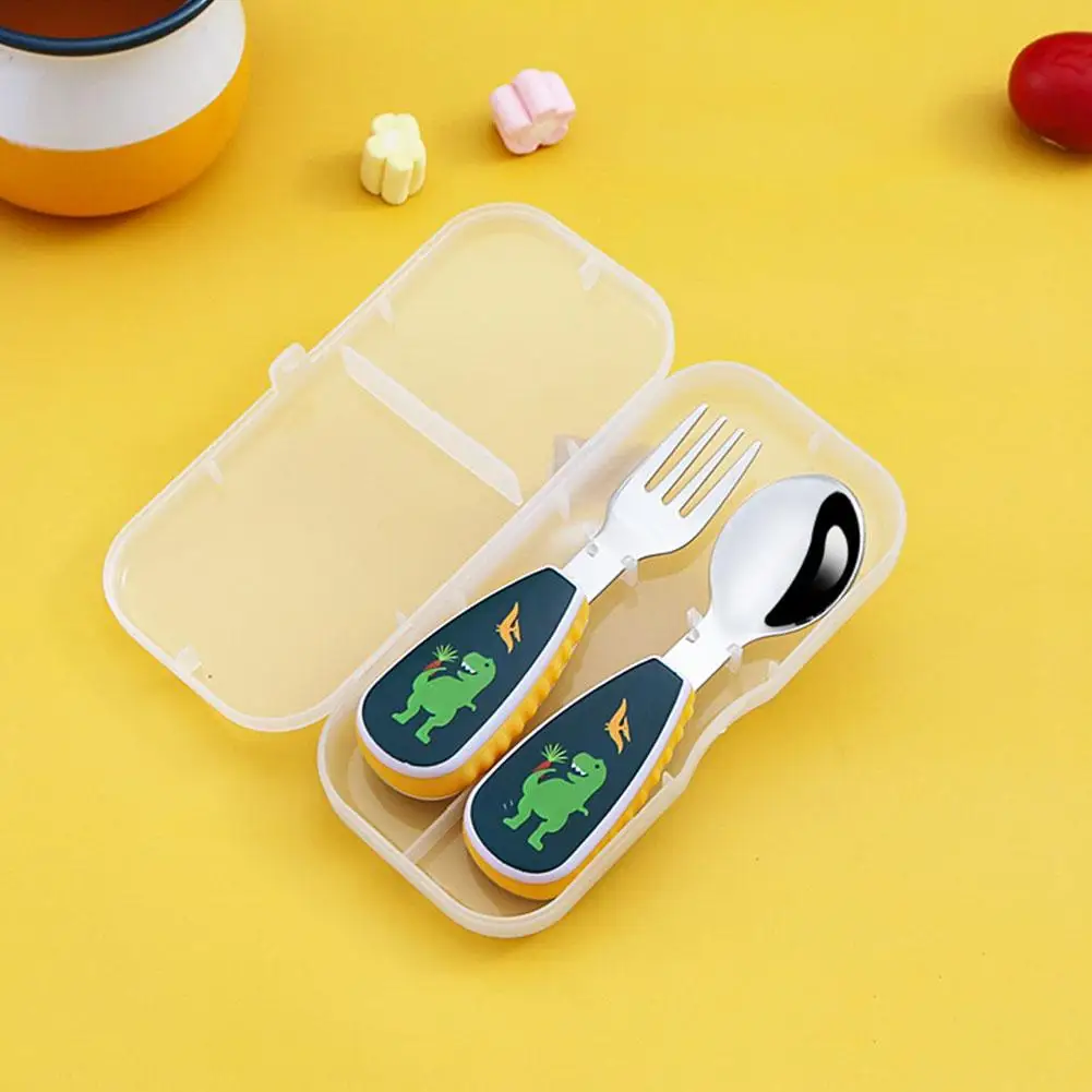 1 Set Toddler Utensils Cute Toddler Feeding Spoon And Fork Set Stainless Steel Innovative Cartoon Dinosaur Short Handle Utensil