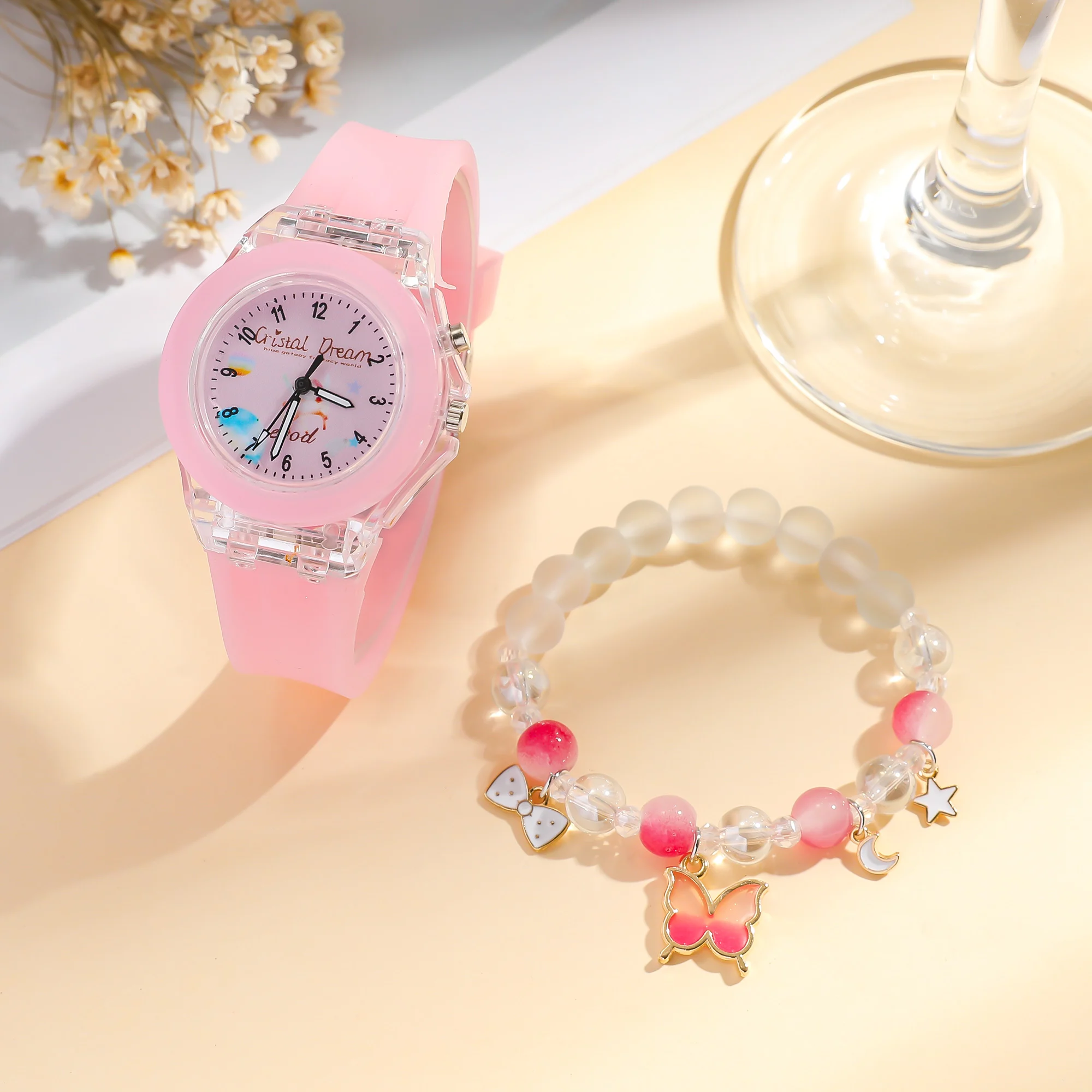 لا يوجد علبة هدية ساعة معكرون؛ سلسلة ساعة كوارتز سيليكون مضيئة مكونة من 7 ألوان من سوار الخرز مكون من قطعتين #3