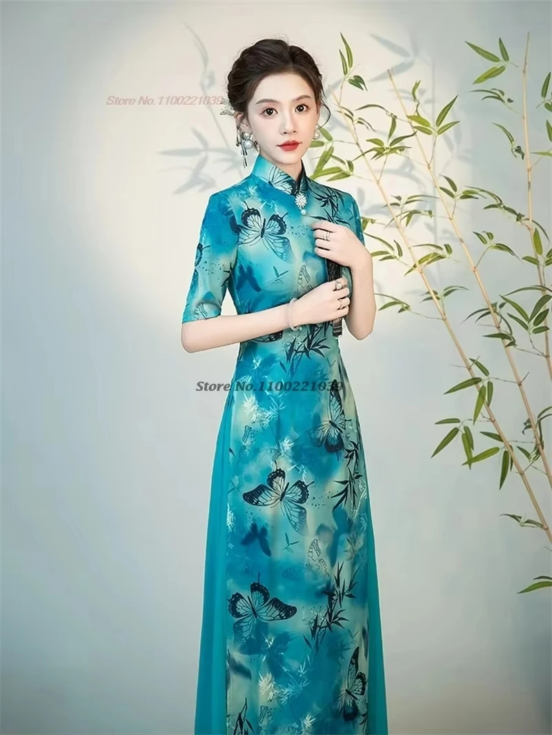 2025 chinese improved qipao dress national flower print vietnam ao dai dress elegant a-line dress oriental banquet evening dress