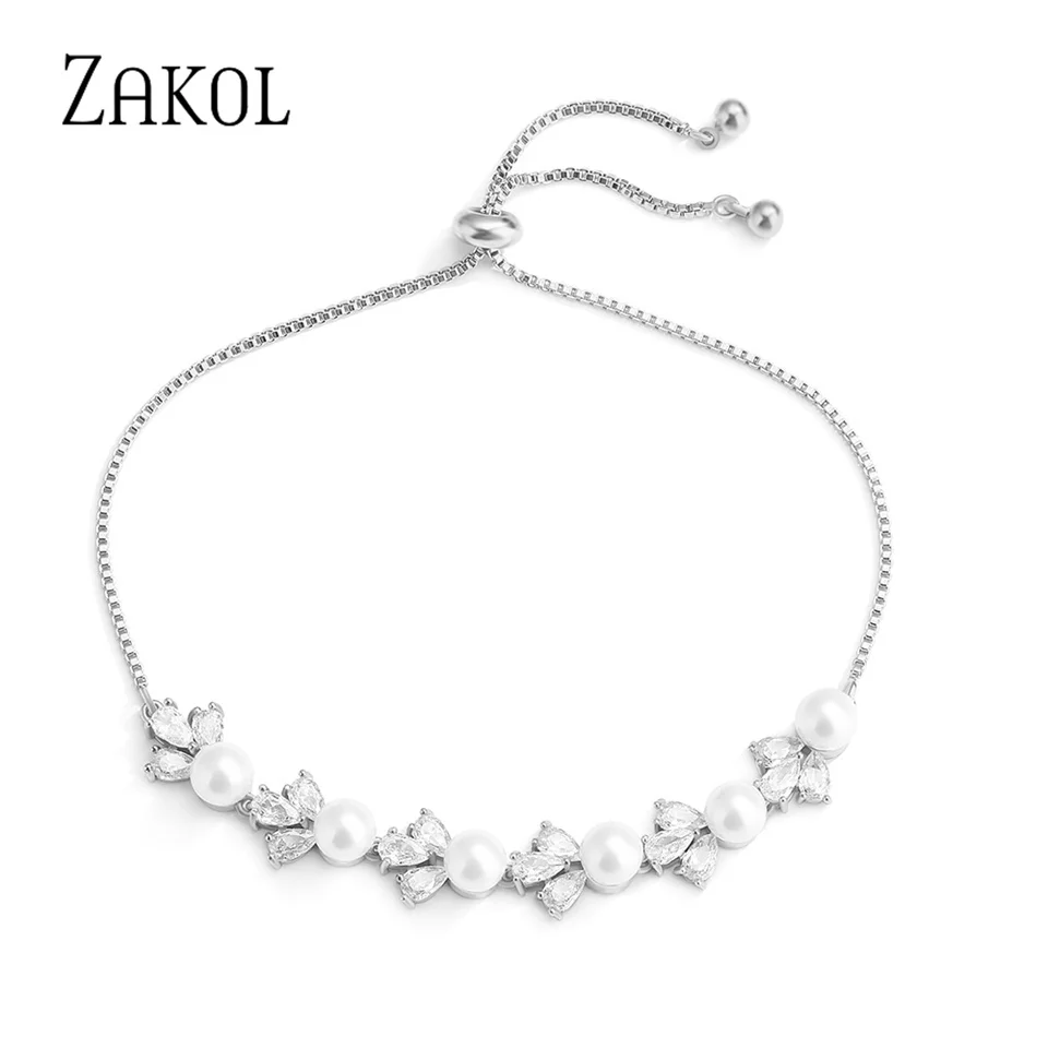 ZAKOL New Elegant White Round Imitation Pearls Bracelets for Women Fashion Leaf Zirconia Adjustable Bracelet Wedding Jewelry