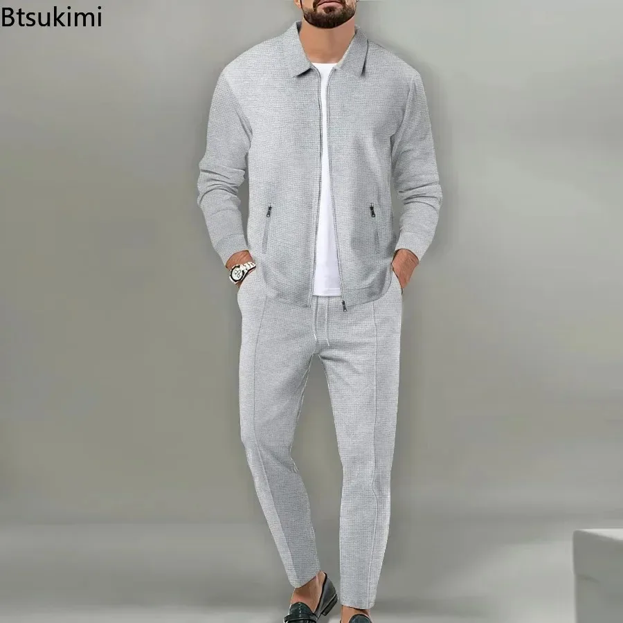 2026 Men's Waffle Two Piece Suits Sets Casual Loose Lapel Zipper Coats and Pants Sets for Men Spring Autumn Long Sleeve Outfits