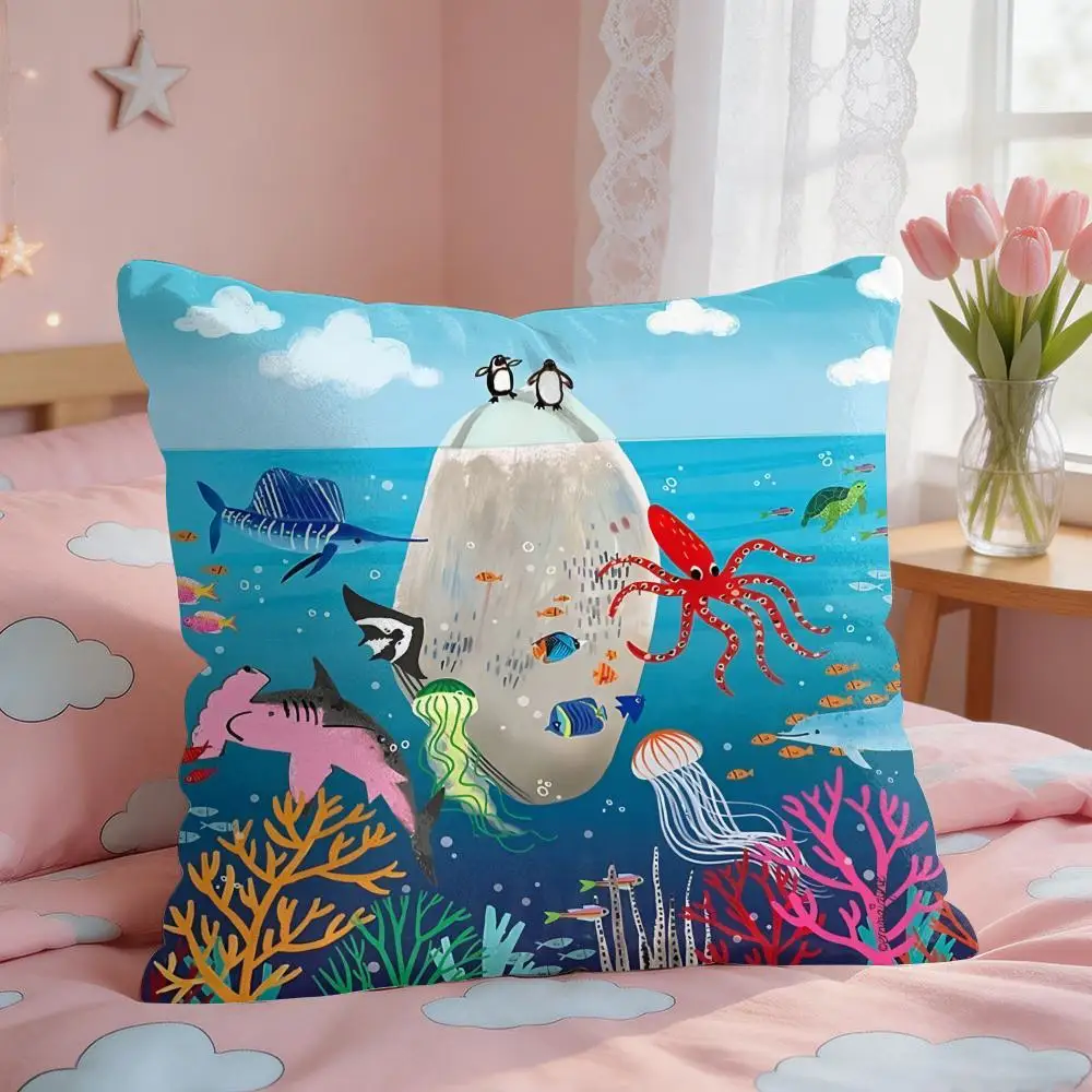 Marine Animals Summer Ins Cushion Cover Square Short Plush Pillow Case Living Room Sofa Home Decor Funda 40X40
