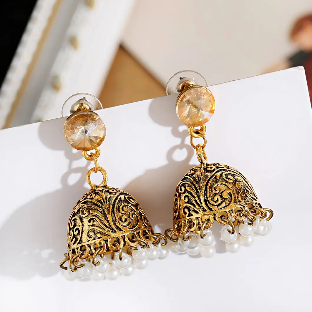 Ethnic Gold Color Carved Bell Pendant Earrings for Women Luxury Yellow Crystal Pearl Tassel Dangling Earrings Indian Jewelry