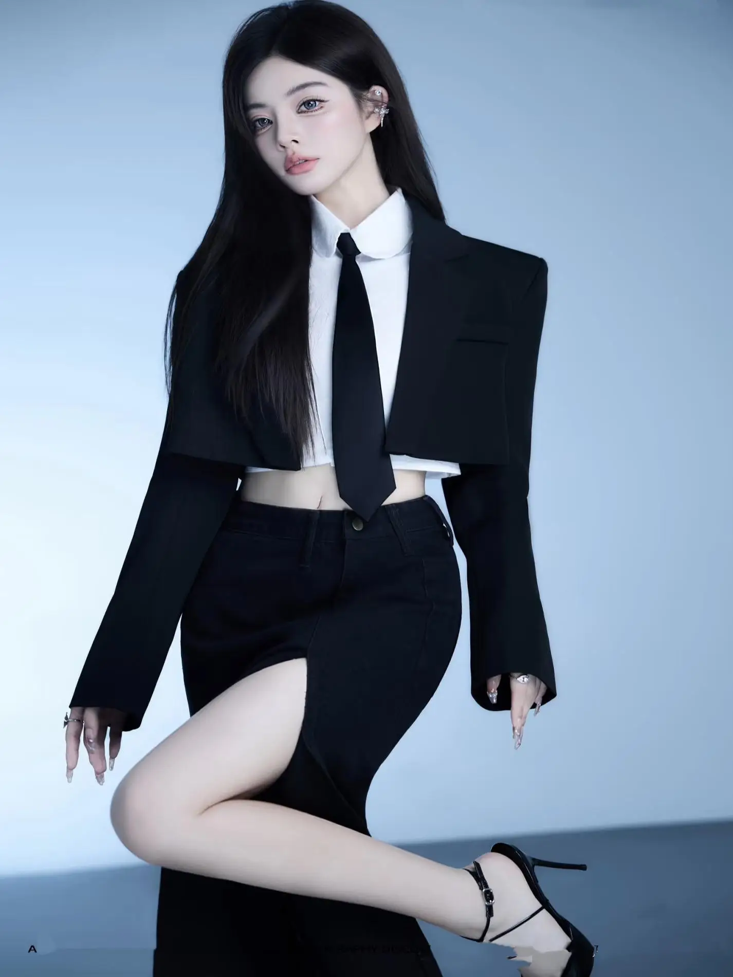

Stylish Women's Suit Dress Photography Studio Portrait Fashion Art Photo Shoot Korean Magazine Style Personal Image Shot