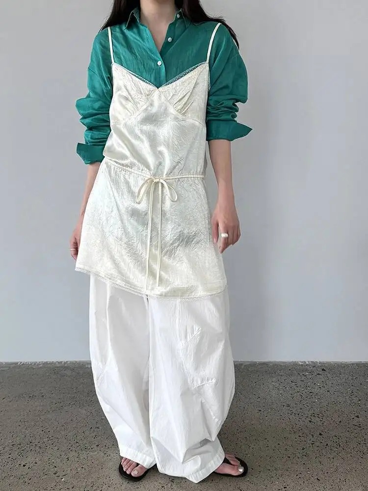 Lace Women Apricot Pleated Elegant Tank Tops New V-collar Sleeveless Personality Fashion Spring Autumn 2026 EMFP