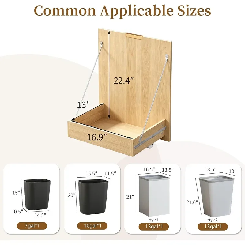 Freestanding Pull Out Trash Can Cabinet with Drawer and Side Hooks Pet Proof Hidden Waste Bin Storage Cabinet Fits 7 10 13