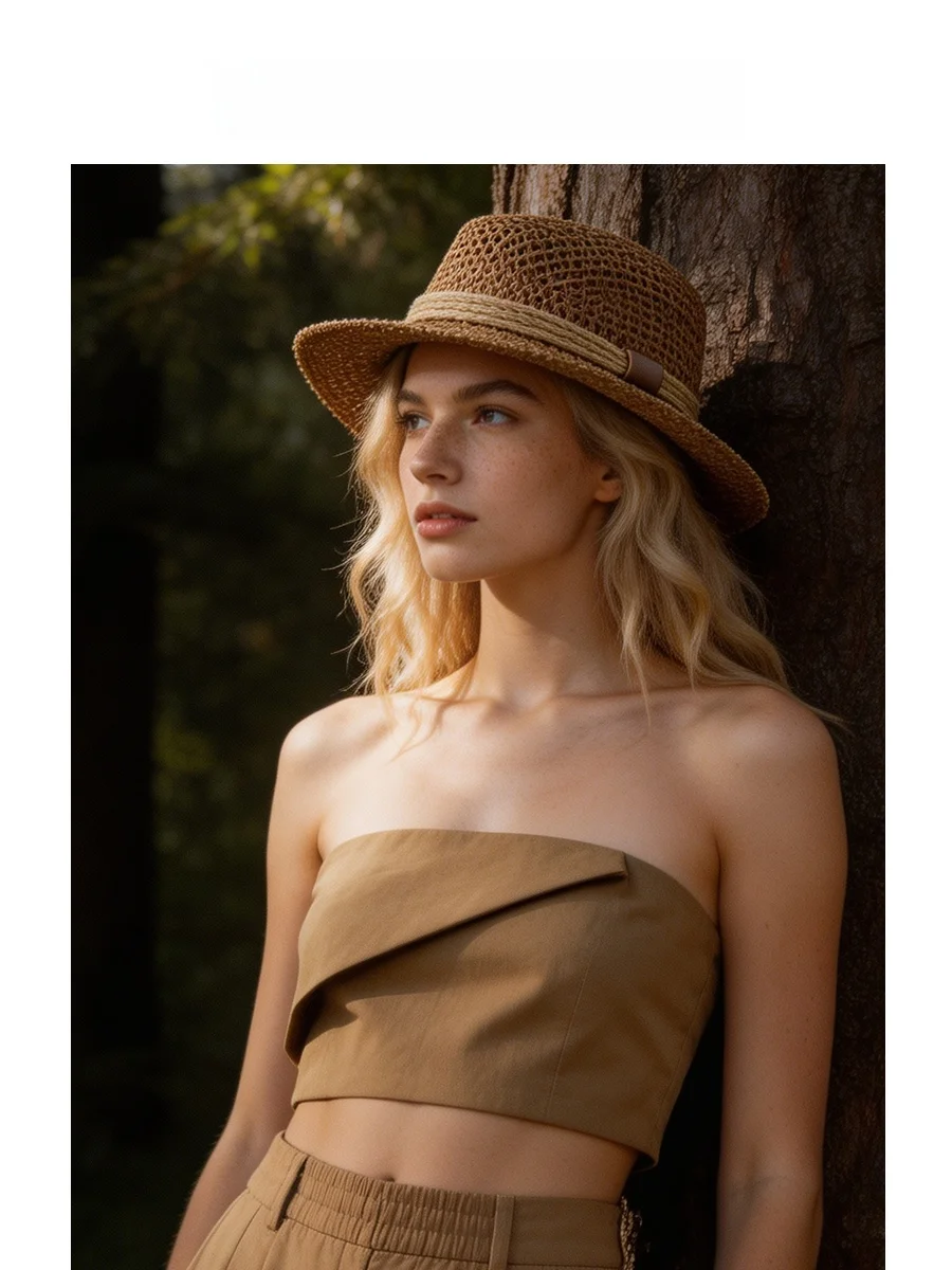 fetsbuy-breathable-straw-hat-flat-top-woven-beach-holiday-style-elegant-unisex-spring-summer-season-adjustable-strap-hats