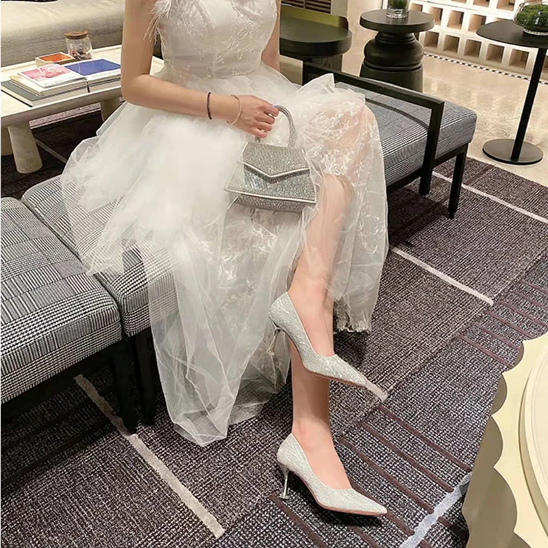 2022 Shiny Shoes Women Sandals Elegant Pointed Toe Slingback Summer Office Lady Shoes Fashion High Heels Gladiator Sandals Woman