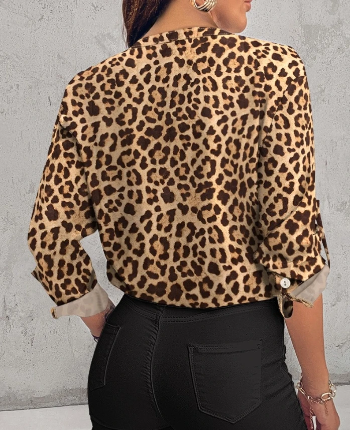 Leopard Print Stand Collar Roll Up Sleeve Sleeve Blouses Casual Shirt 2025 Autumn Winter New Fashion Female Clothing for Women