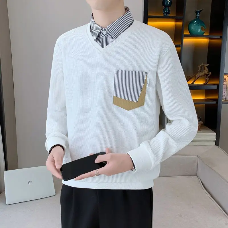 Korean Button Striped Pockets Men's Clothing Pullover Spring Autumn Lantern Long Sleeve Loose Fake Two Pieces Patchwork Tops