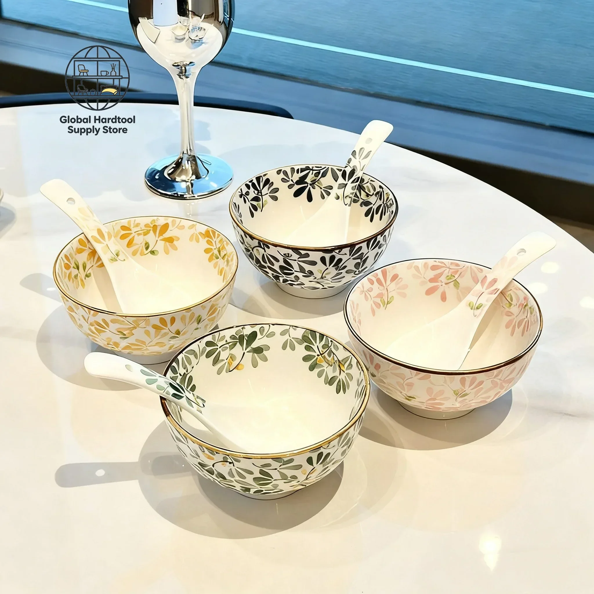 4-Piece 4.5-Inch Ceramic Bowls Set with Four-Season Floral Print -Pasta, Salad, Desserts & Appetizers, Microwave/Dishwasher Safe
