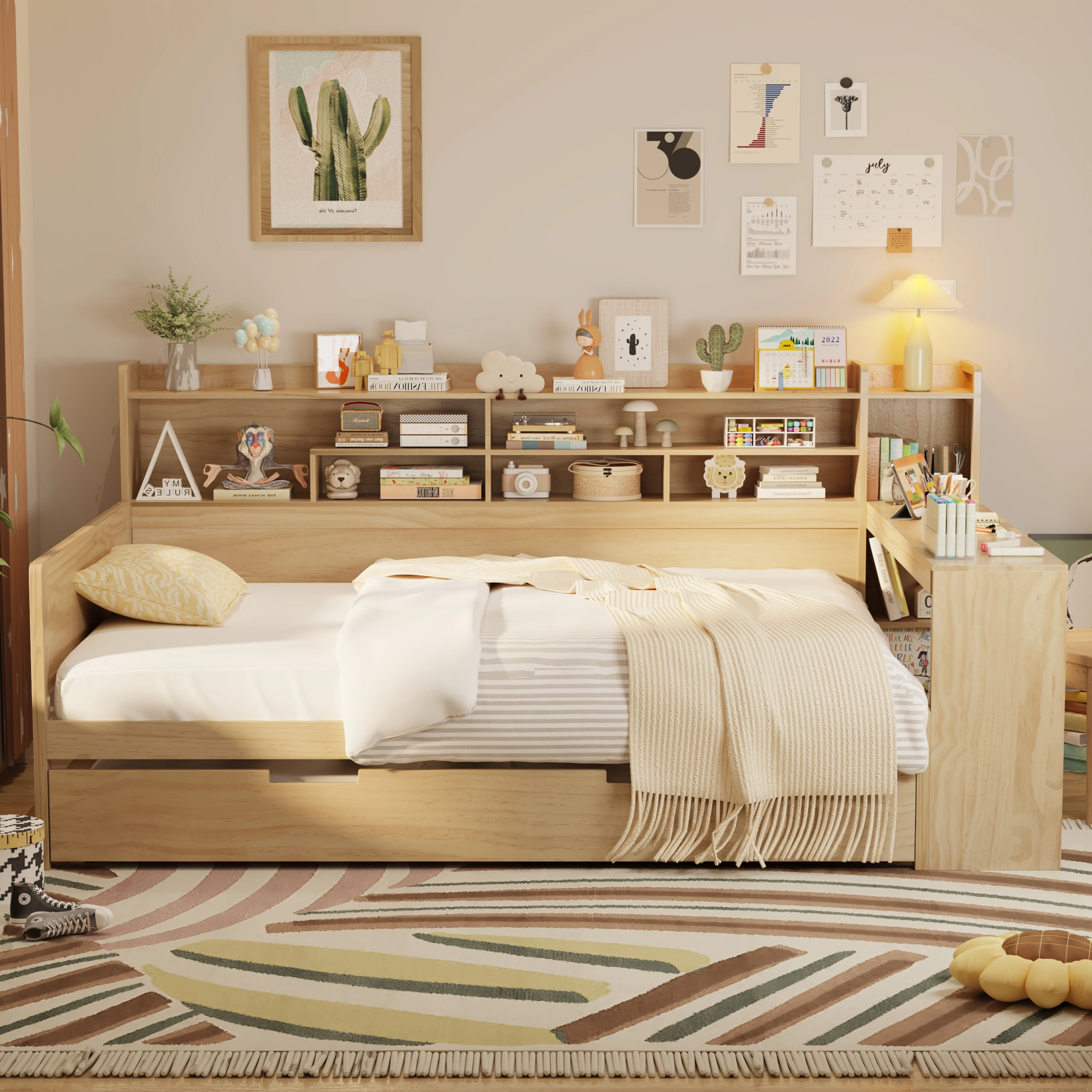 Wooden Full Size Daybed with Storage Shelves, Multi-functional Bed with Twin Size Trundle Bed and Study Desk, Natural