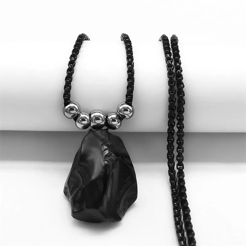 Boho Obsidian Natural Stone Bead Lucky Necklace Pendant Women Stainless Steel Black Color Chain Necklace Fashion Jewelry NGG47-1