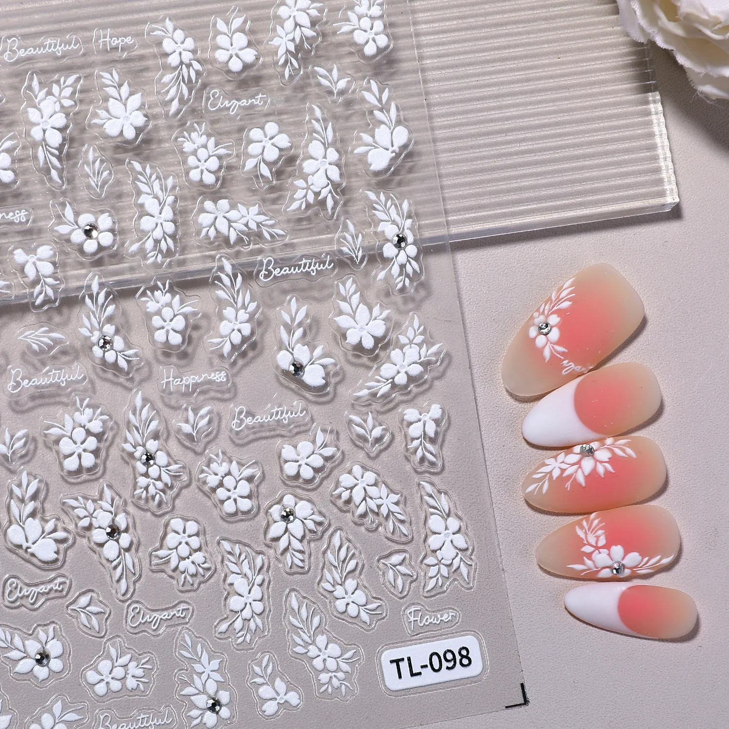 

2 шт., легкие роскошные наклейки для ногтей с кристаллами любви и бриллиантами, маленькие белые цветы, тисненые 3D розовые кружевные наклейки с бантом и цветком