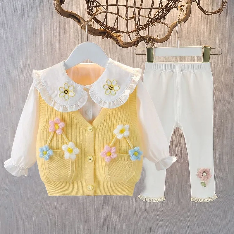 

Комплект детской одежды для детей 1-6 лет, повседневная одежда для девочек, детская рубашка, вязаный жилет и штаны, комплект из 3 предметов, детские весенне-осенние спортивные костюмы