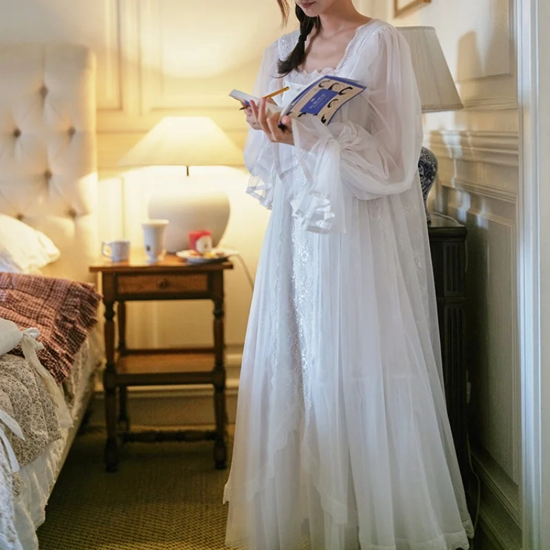 French Fairy Two-Pieces Lace Nightgowns Sexy Spaghetti Strap Nightie Victoria Square Collar Full Sleeves Long Nightdress New
