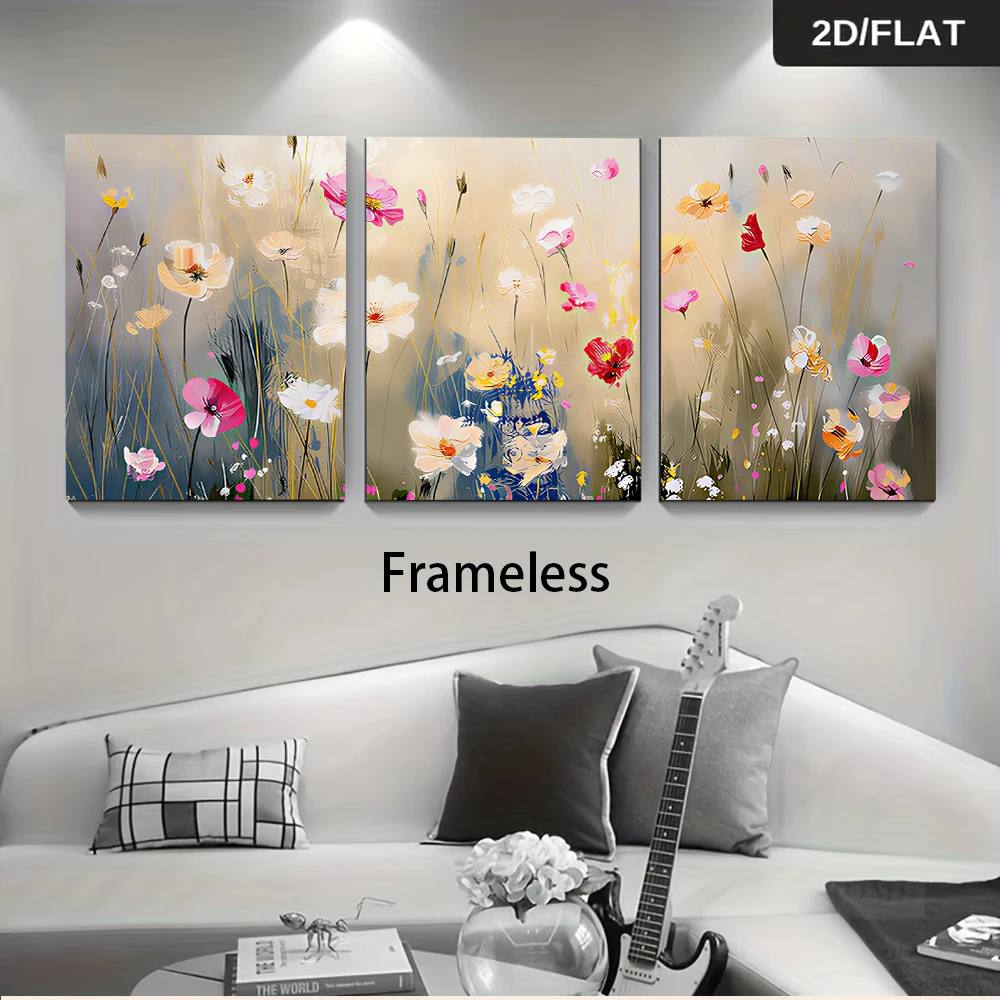 1 set of modern minimalist triple abstract floral art living room sofa background wall frameless decorative painting 2D plan