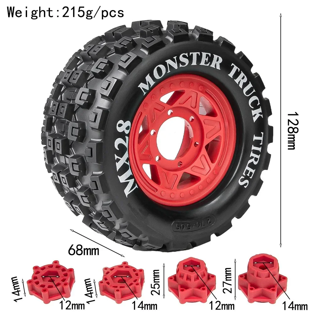 Pneu de caminhão dublê monstro, 4 unidades, 128mm 1/10 12mm e 14mm hex para trxs maxx arrma granito kraton outcast tamiya losi redcat
