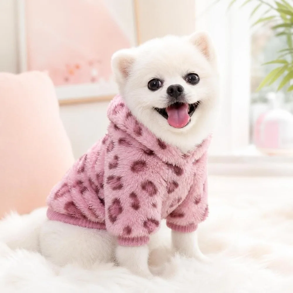 Fashion Winter Dog Warm Clothes Love Leopard Print Windproof Dogs Coat Cartoon Thickened Dog Bodysuit Cat
