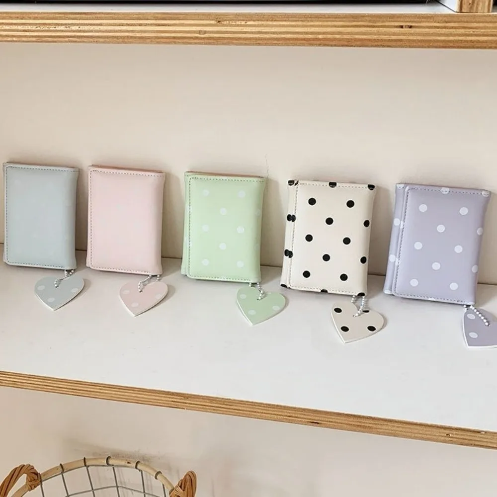 Kawaii Sweet Trifold Polka Dot Wallet Multi-functional Heart Pendant PU Card Holder Lightweight Multi-card Slot Coin Purse Girls