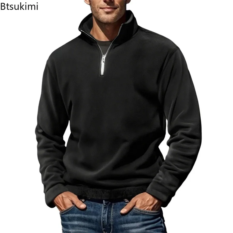 2025 Men's Half Zipper Sweatshirts Solid Long Sleeve Solid Color Pullover Turtleneck Streetwear Winter Warm Jacket Sport Coats