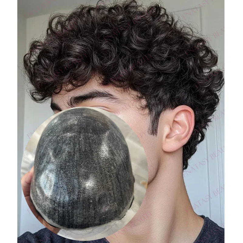 

0.1mm Full Skin Base Men Human Hair 18mm Curly Toupee System Super Durable 6inch Long 130density Black Brown Male Hair Wigs
