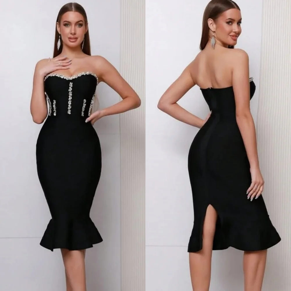 

Customized Fashion Matching Jersey Rhinestone Ruched Mermaid Strapless Knee Length Dresses Bespoke Occasion Dresses Classic Sexy