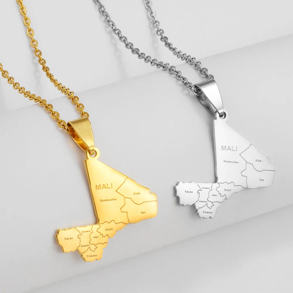 Anniyo Mali Map With Cities Pendant Necklaces Ethnic Jewelry Stainless Steel the Republic of Mali #312921