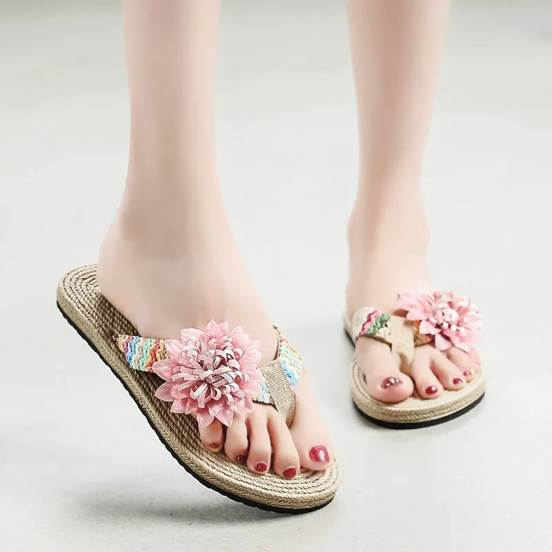 Flip-flops women's summer fashion PP grass woven slippers wear seaside anti-skid clip foot trend flower Korean beach shoes