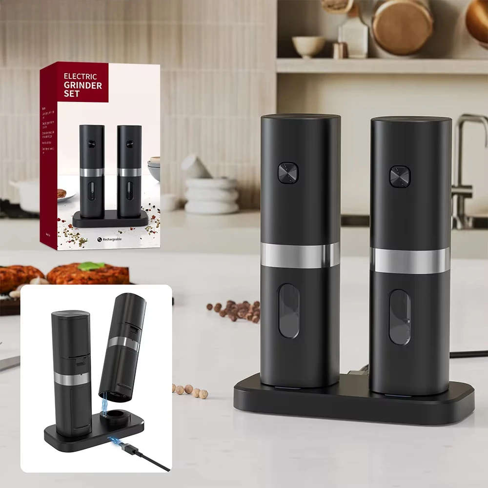 USB Rechargeable Electric Salt and Pepper Grinder Set Base Charging Adjustable Coarseness Automatic Spice Grinders Kitchen Tools