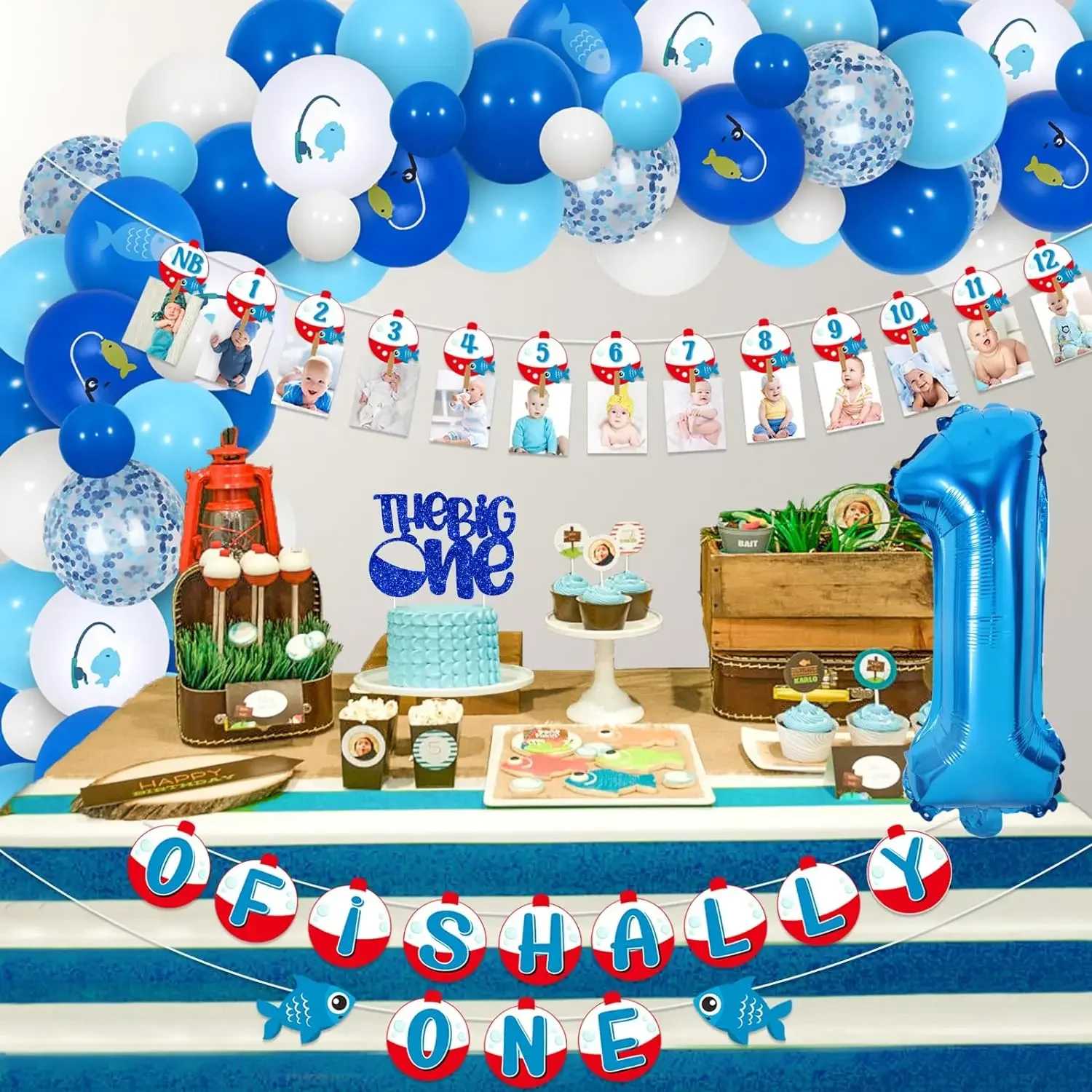 O Fishally One First Birthday Decor, Balloons Arch Photo Banner The Big One Cake Topper for Gone Fishing 1st Birthday