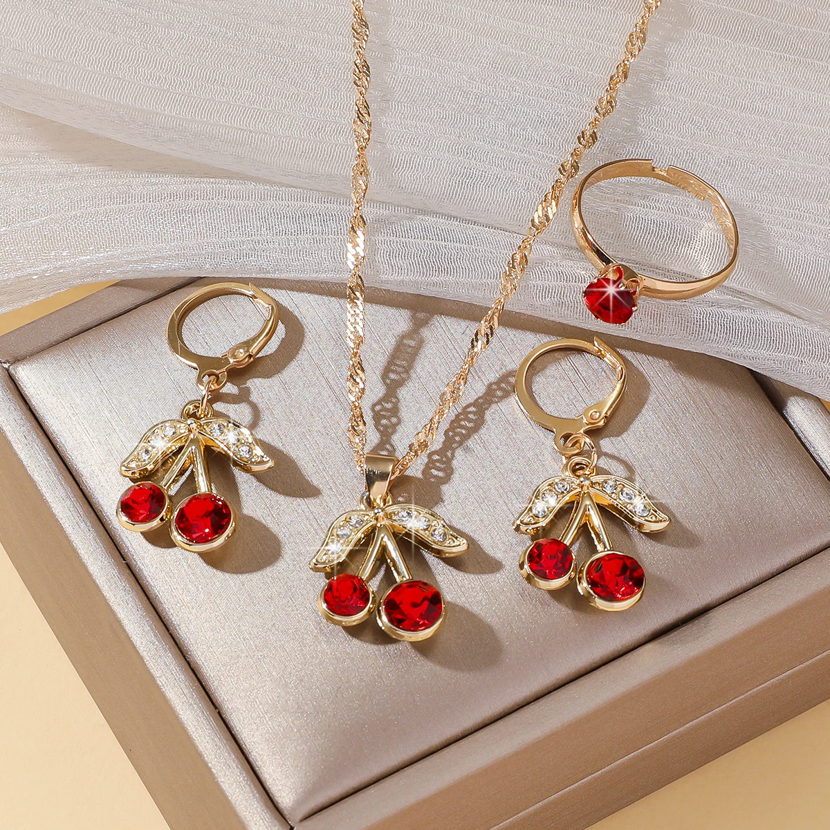 4pcs Fashion Cute Cherry Women Jewelry Set Perfect for Gifts Daily Parties Birthday Gifts for Daughters Girlfriends Mothers