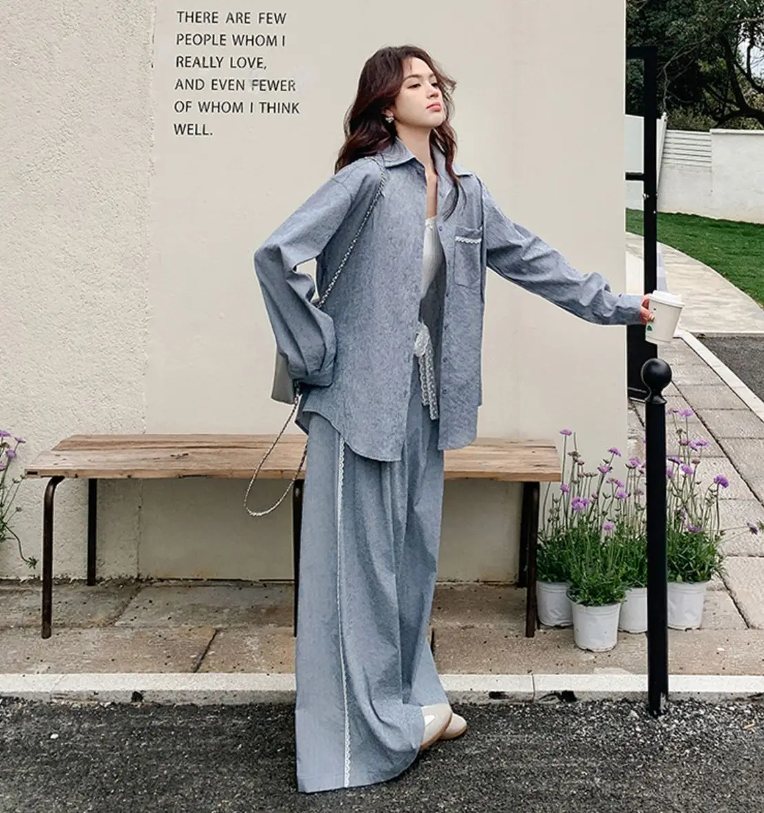 SuperAen kanten patchwork zakoverhemd voor dames 2025, lente en herfst, nieuwe Koreaanse stijl, mode, casual, lange broeksets met wijde pijpen