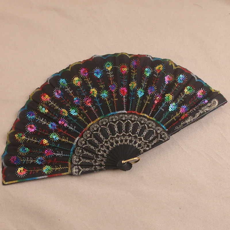 Sequin fan Embroidery fan Chinese style plastic folding fan peacock Foreign trade style multi-black rod sequin dance