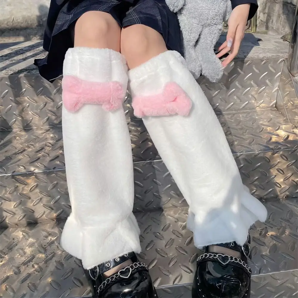 Sweet Fur Leg Warmers Pink Bow Tie Y2K Long Stockings Winter Warm JK Lolita Boot Cuffs Japanese