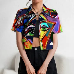 Trendy 3d Abstract Art Facial Printed Women's Lapel Button Shirts Fashion Slim Fit Crop Tops Summer Street Navel Exposed Tees