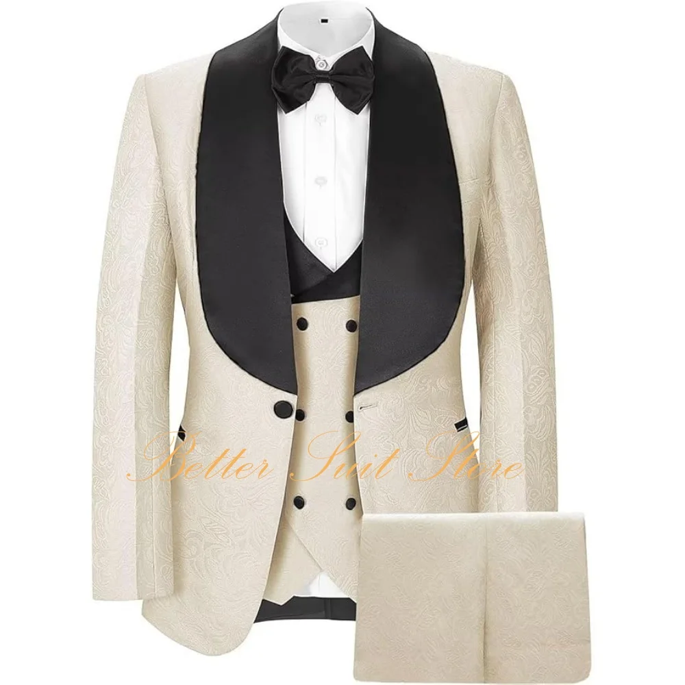 

Jacquard Floral Men's 3 Piece Suit Slim Fit Shawl Lapel Jacket Vest Pants Wedding Prom Tuxedo Men Suits