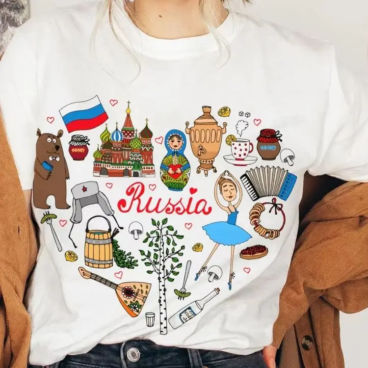 

Y2K Cotton Casual Women‘s T - Shirt Short Sleeve Round Neck Fitted, Cute Russian Elements in Heart Shape, Colorful Cultural