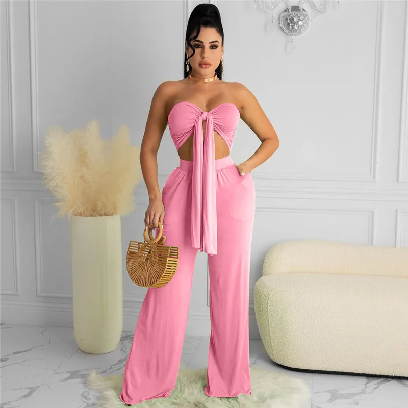 Sexy Party Women Two Piece Set Strapless Lace Up Tanks Tops And High Waist Wide Leg Pants Fashion Solid Clubwear Femme Outfits